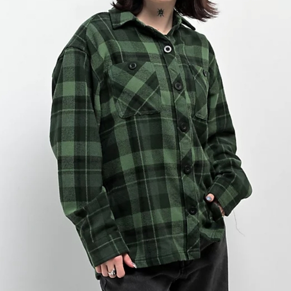 Empyre Tops - Women's Empyre Brand Heavy Weight Plaid Flannel Shirt Unisex Medium Green Black